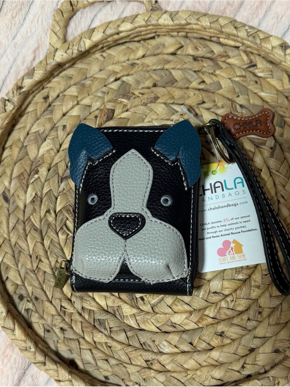 NWT Chala Black & Gray Dog Face Wristlet Credit Card Wallet